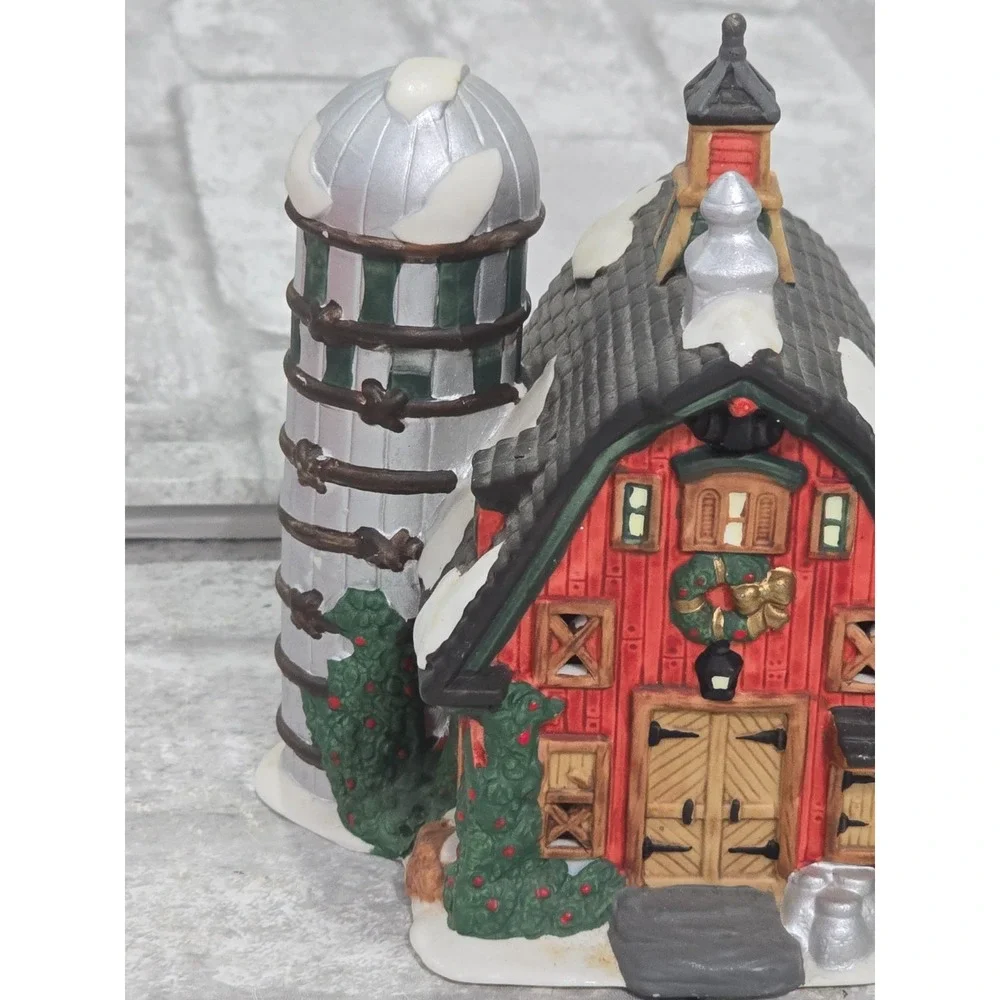O'Well China Red Barn Silo Christmas Village House 1997 w/ white brick‎ house